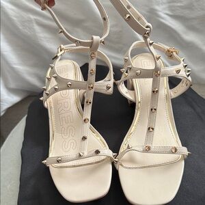 Express Cream T-Strap Sandals with Gold Studs